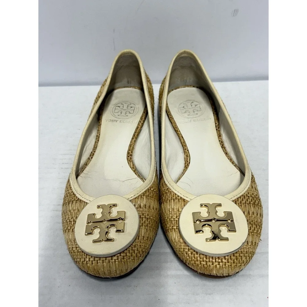 Tory Burch Raffia Ballet Flats Size 6 Gold Logo Medallion Slip On